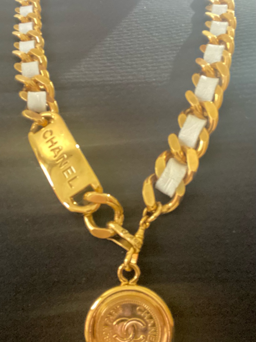 CHANEL Gold and White Chain Necklace with Coin Pendant